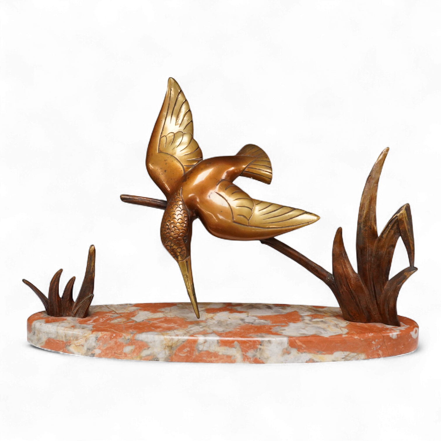 A French Art Deco bronze kingfisher after Dautrive, signed, on marble plinth, 22cm high